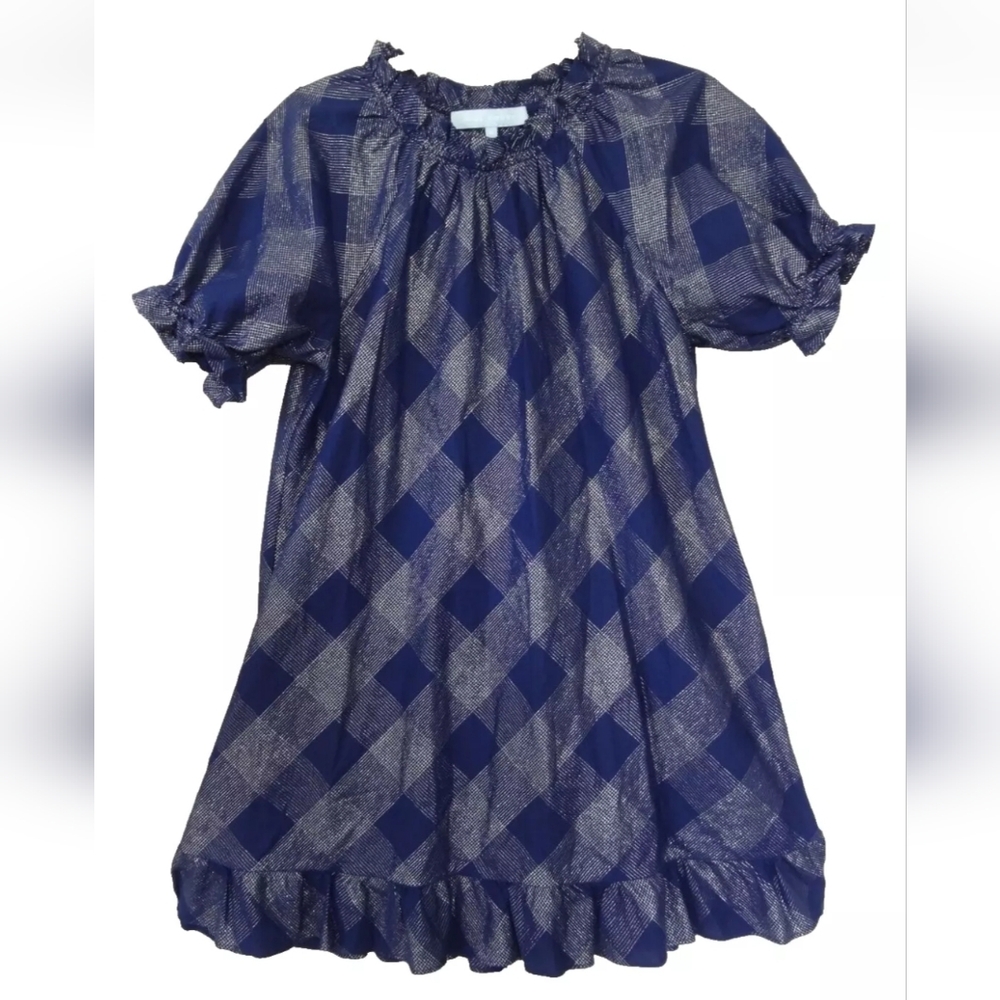 Hill House Home M Katherine Metallic Mini Dress Ruffle Nap Printed Blue Silver